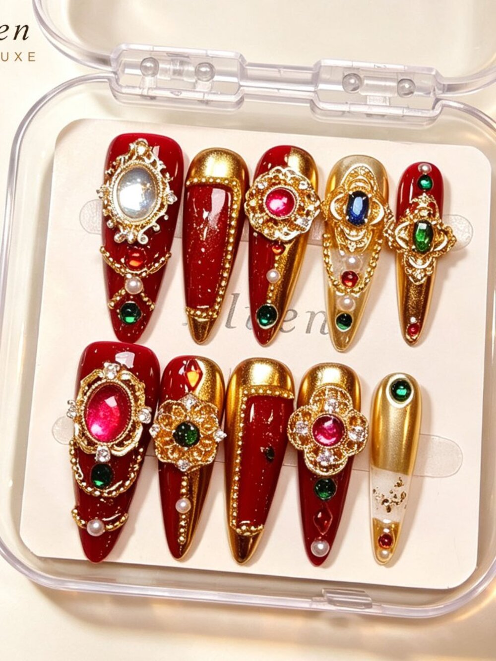 Luxury Red Gold Baroque Stiletto Press On Nails with 3D Gem & Pearl Ornaments